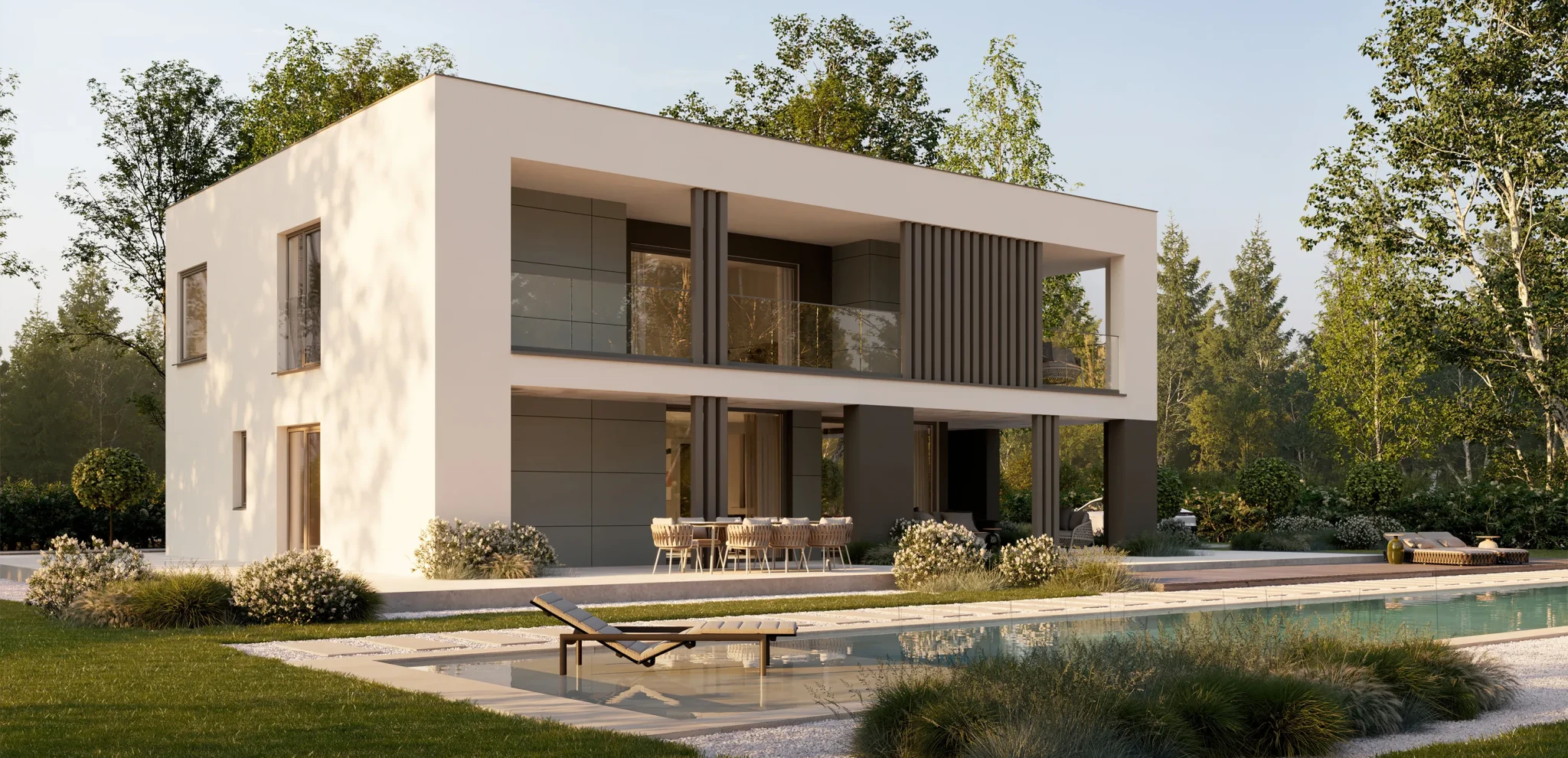 Haus mit großzügiger Glasfront und Terrasse