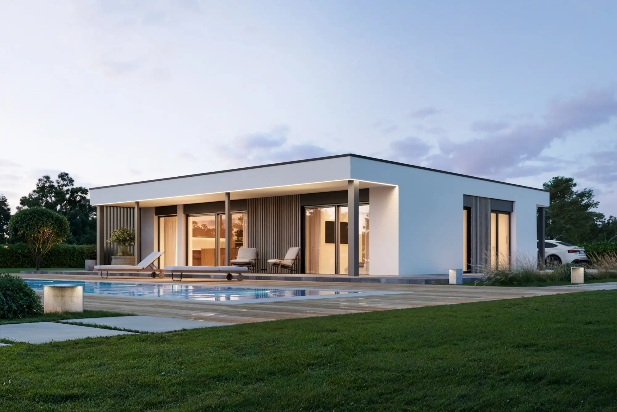 Modernes Haus mit klaren Linien und großen Fensterflächen