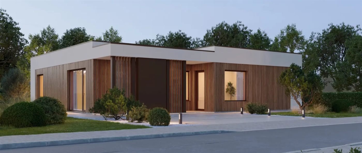 NEXT Hausentwurf: modernes Haus mit Holzfassade und Pool