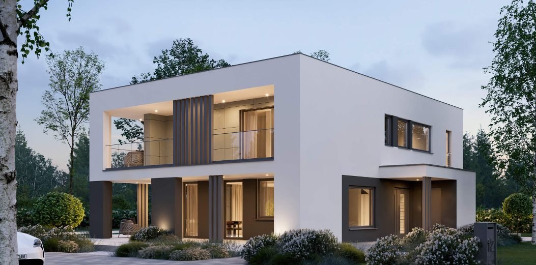 VISION Hausentwurf: modernes Wohnhaus mit Holz und Putz